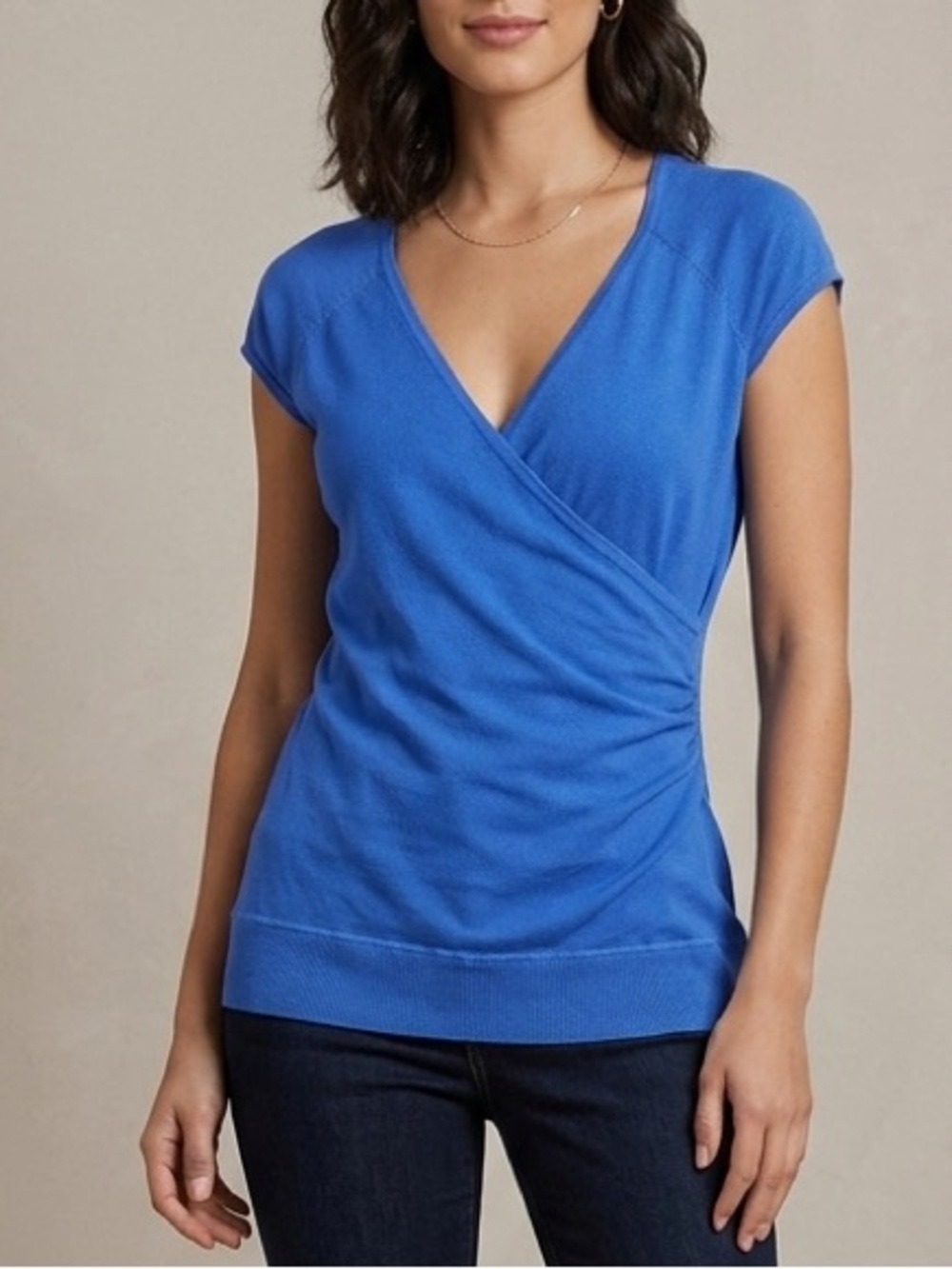 Y2K Le Chateau Blue Knit Wrap Short Cap Sleeve‎ Shirt Top Size Medium